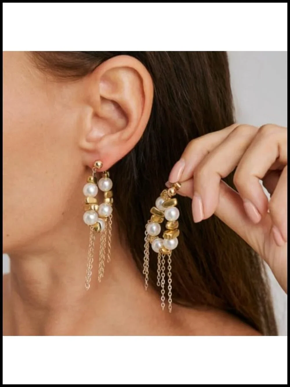 Gold Pearl Huggie Hoop Earrings Dainty Beaded Tassel Chain Dangle for Women